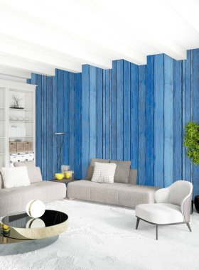 Modern çatı iç yatak odası veya oturma odası alanı ile eklektik duvar ile. 3D render.