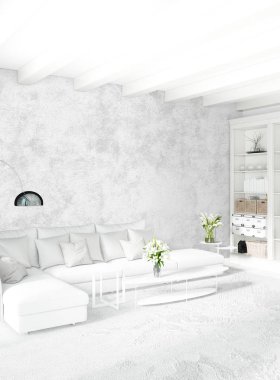 Modern çatı iç yatak odası veya oturma odası alanı ile eklektik duvar ile. 3D render.