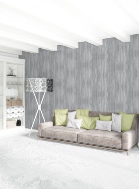 Modern çatı iç yatak odası veya oturma odası alanı ile eklektik duvar ile. 3D render.