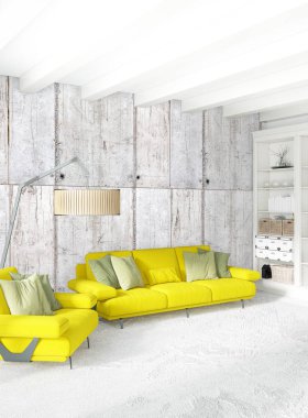 Modern çatı iç yatak odası veya oturma odası alanı ile eklektik duvar ile. 3D render.