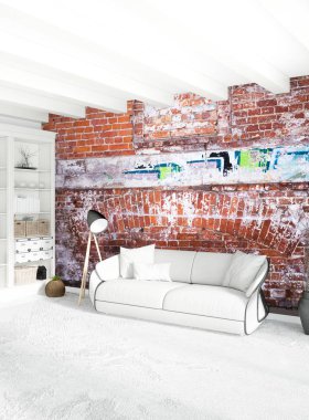 Modern çatı iç yatak odası veya oturma odası alanı ile eklektik duvar ile. 3D render.