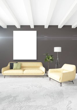 Dikey modern iç yatak odası veya oturma odası eklektik duvar ve boş çerçeve çizim boşaltmak için. 3D render