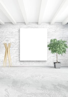 Dikey modern iç yatak odası veya oturma odası eklektik duvar ve boş çerçeve çizim boşaltmak için. 3D render