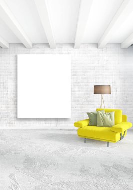 Dikey modern iç yatak odası veya oturma odası eklektik duvar ve boş çerçeve çizim boşaltmak için. 3D render