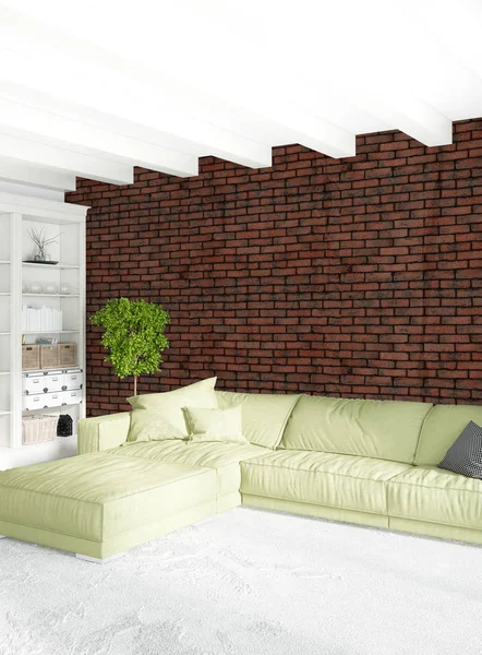 Modern çatı iç yatak odası veya oturma odası alanı ile eklektik duvar ile. 3D render.