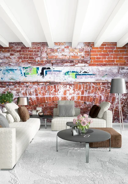 Modern çatı iç yatak odası veya oturma odası alanı ile eklektik duvar ile. 3D render.