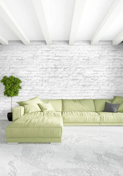 Modern çatı iç yatak odası veya oturma odası alanı ile eklektik duvar ile. 3D render.