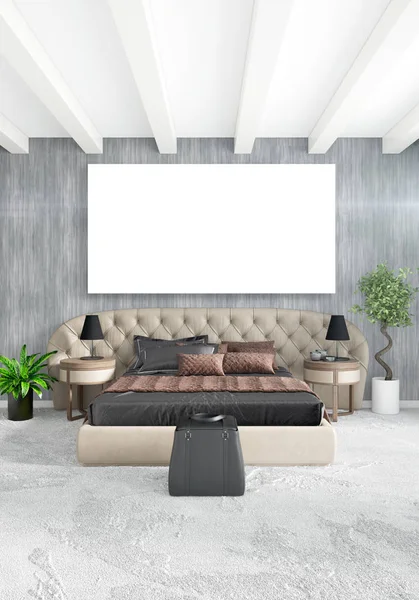 Dikey modern iç yatak odası veya oturma odası eklektik duvar ve boş çerçeve çizim boşaltmak için. 3D render