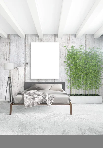 Dikey modern iç yatak odası veya oturma odası eklektik duvar ve boş çerçeve çizim boşaltmak için. 3D render