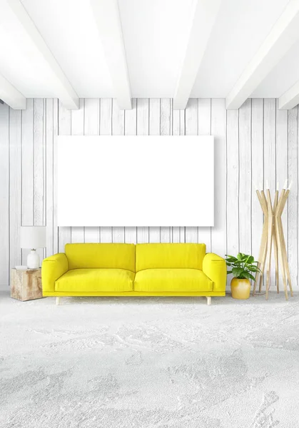 Dikey modern iç yatak odası veya oturma odası eklektik duvar ve boş çerçeve çizim boşaltmak için. 3D render