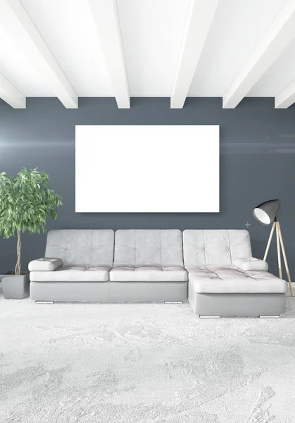 Dikey modern iç yatak odası veya oturma odası eklektik duvar ve boş çerçeve çizim boşaltmak için. 3D render