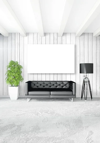 Dikey modern iç yatak odası veya oturma odası eklektik duvar ve boş çerçeve çizim boşaltmak için. 3D render