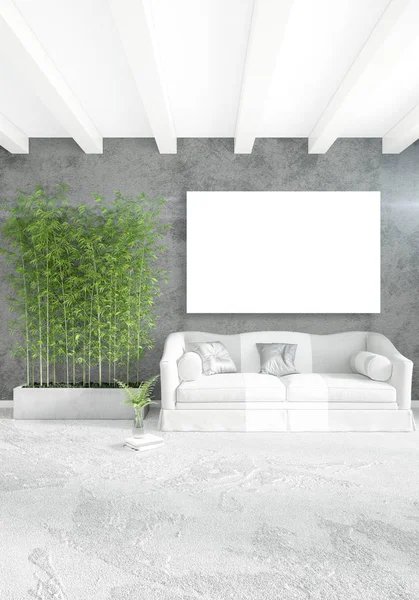 Dikey modern iç yatak odası veya oturma odası eklektik duvar ve boş çerçeve çizim boşaltmak için. 3D render