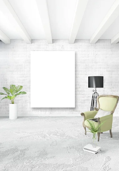 Dikey modern iç yatak odası veya oturma odası eklektik duvar ve boş çerçeve çizim boşaltmak için. 3D render