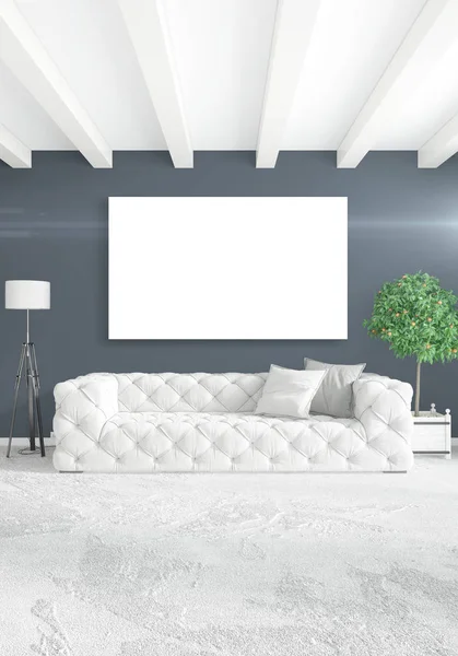 Dikey modern iç yatak odası veya oturma odası eklektik duvar ve boş çerçeve çizim boşaltmak için. 3D render