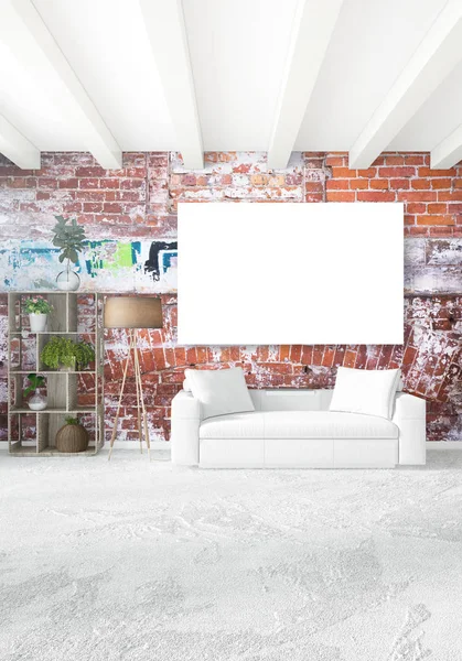 Dikey modern iç yatak odası veya oturma odası eklektik duvar ve boş çerçeve çizim boşaltmak için. 3D render