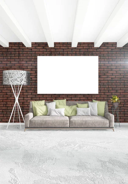 Dikey modern iç yatak odası veya oturma odası eklektik duvar ve boş çerçeve çizim boşaltmak için. 3D render