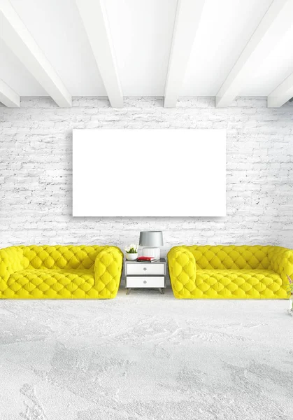 Dikey modern iç yatak odası veya oturma odası eklektik duvar ve boş çerçeve çizim boşaltmak için. 3D render