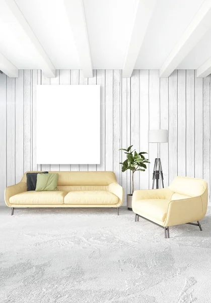 Dikey modern iç yatak odası veya oturma odası eklektik duvar ve boş çerçeve çizim boşaltmak için. 3D render