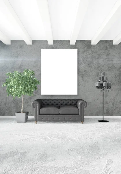 Dikey modern iç yatak odası veya oturma odası eklektik duvar ve boş çerçeve çizim boşaltmak için. 3D render