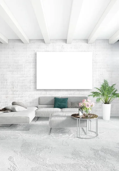 Dikey modern iç yatak odası veya oturma odası eklektik duvar ve boş çerçeve çizim boşaltmak için. 3D render