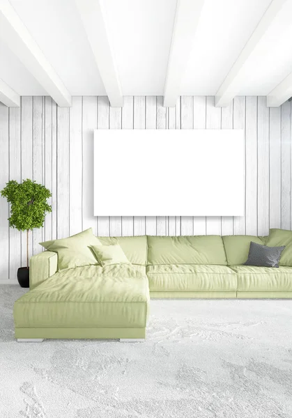 Dikey modern iç yatak odası veya oturma odası eklektik duvar ve boş çerçeve çizim boşaltmak için. 3D render