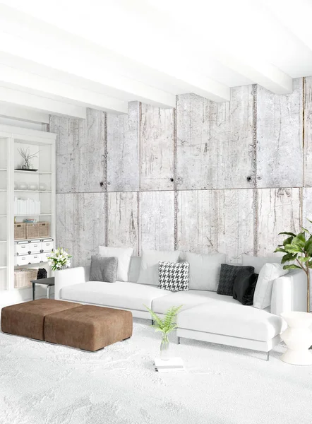 Modern çatı iç yatak odası veya oturma odası alanı ile eklektik duvar ile. 3D render.