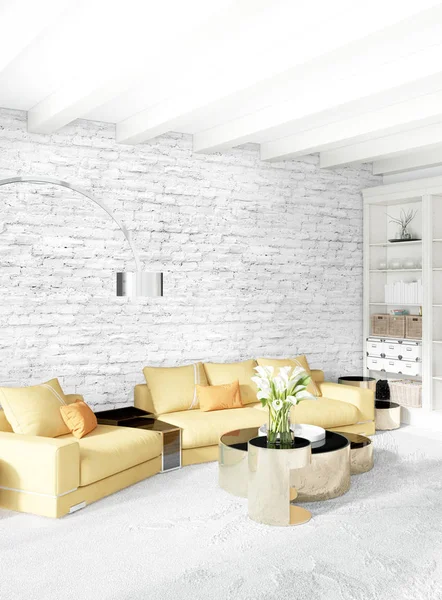 Moderno loft dormitorio interior o sala de estar con pared ecléctica con espacio. Renderizado 3D . — Foto de Stock
