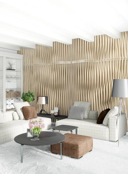 Modern çatı iç yatak odası veya oturma odası alanı ile eklektik duvar ile. 3D render.