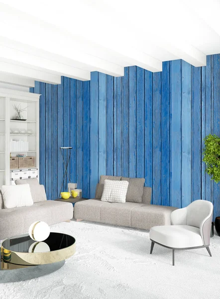 Modern çatı iç yatak odası veya oturma odası alanı ile eklektik duvar ile. 3D render.