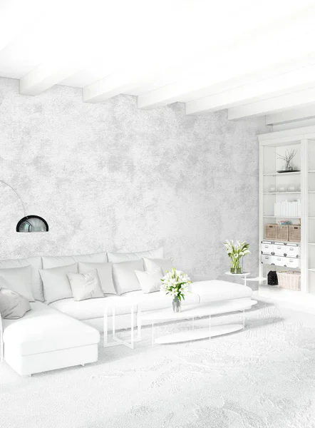 Modern çatı iç yatak odası veya oturma odası alanı ile eklektik duvar ile. 3D render. — Stok fotoğraf