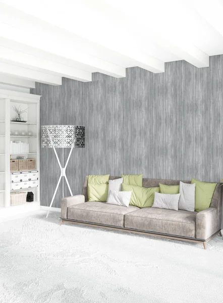 Modern çatı iç yatak odası veya oturma odası alanı ile eklektik duvar ile. 3D render.