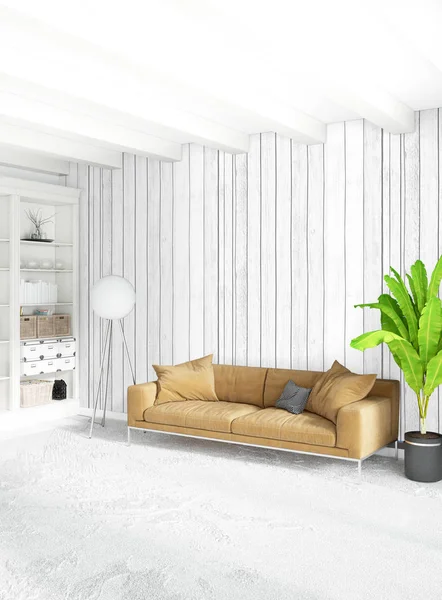 Modern çatı iç yatak odası veya oturma odası alanı ile eklektik duvar ile. 3D render.