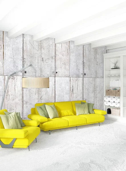 Modern çatı iç yatak odası veya oturma odası alanı ile eklektik duvar ile. 3D render.