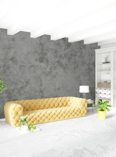 Modern çatı iç yatak odası veya oturma odası alanı ile eklektik duvar ile. 3D render.