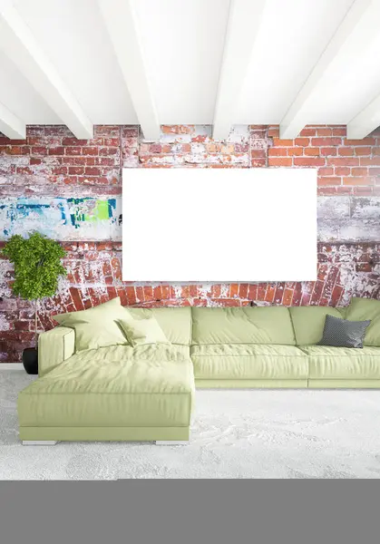 Dikey modern iç yatak odası veya oturma odası eklektik duvar ve boş çerçeve çizim boşaltmak için. 3D render