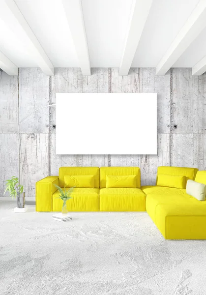 Dikey modern iç yatak odası veya oturma odası eklektik duvar ve boş çerçeve çizim boşaltmak için. 3D render