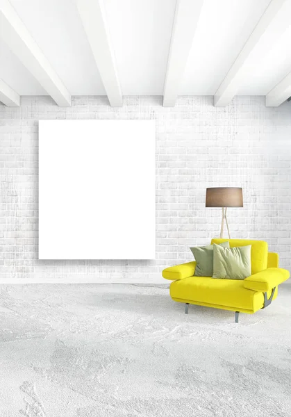 Dikey modern iç yatak odası veya oturma odası eklektik duvar ve boş çerçeve çizim boşaltmak için. 3D render