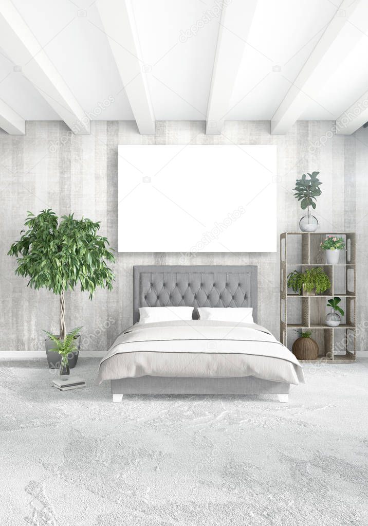 Vertical modern interior bedroom or living room with eclectic wall and empty frame for copyspace drawing. 3D rendering