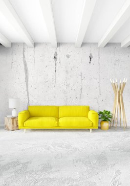 Modern çatı iç yatak odası veya oturma odası alanı ile eklektik duvar ile. 3D render.