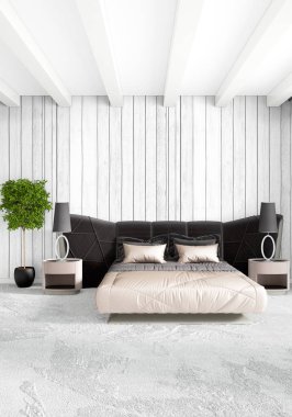 Modern çatı iç yatak odası veya oturma odası alanı ile eklektik duvar ile. 3D render.