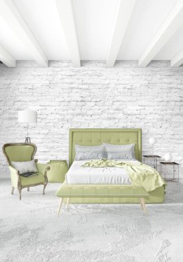 Modern çatı iç yatak odası veya oturma odası alanı ile eklektik duvar ile. 3D render.