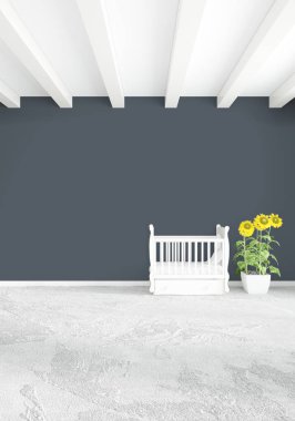Modern çatı iç bebek odası veya kreş alanı ile eklektik duvar ile. 3D render.