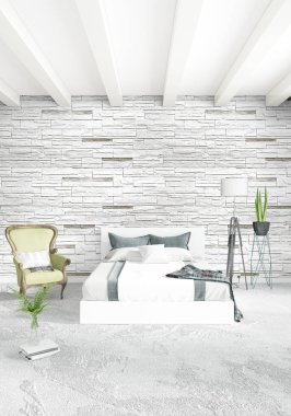 Modern çatı iç yatak odası veya oturma odası alanı ile eklektik duvar ile. 3D render.