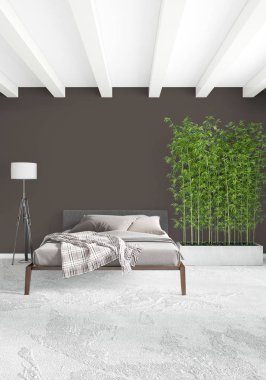 Modern çatı iç yatak odası veya oturma odası alanı ile eklektik duvar ile. 3D render.