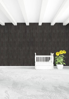 Modern çatı iç bebek odası veya kreş alanı ile eklektik duvar ile. 3D render.