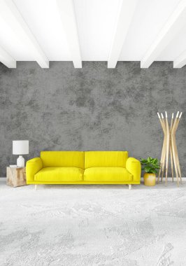 Modern çatı iç yatak odası veya oturma odası alanı ile eklektik duvar ile. 3D render.