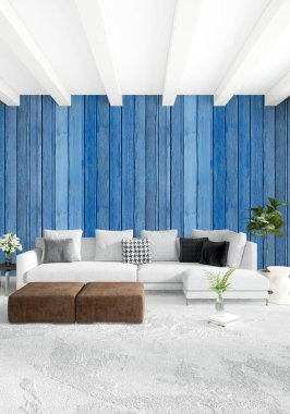 Modern çatı iç yatak odası veya oturma odası alanı ile eklektik duvar ile. 3D render.