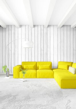 Modern çatı iç yatak odası veya oturma odası alanı ile eklektik duvar ile. 3D render.