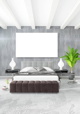 Dikey modern iç yatak odası veya oturma odası eklektik duvar ve boş çerçeve çizim boşaltmak için. 3D render